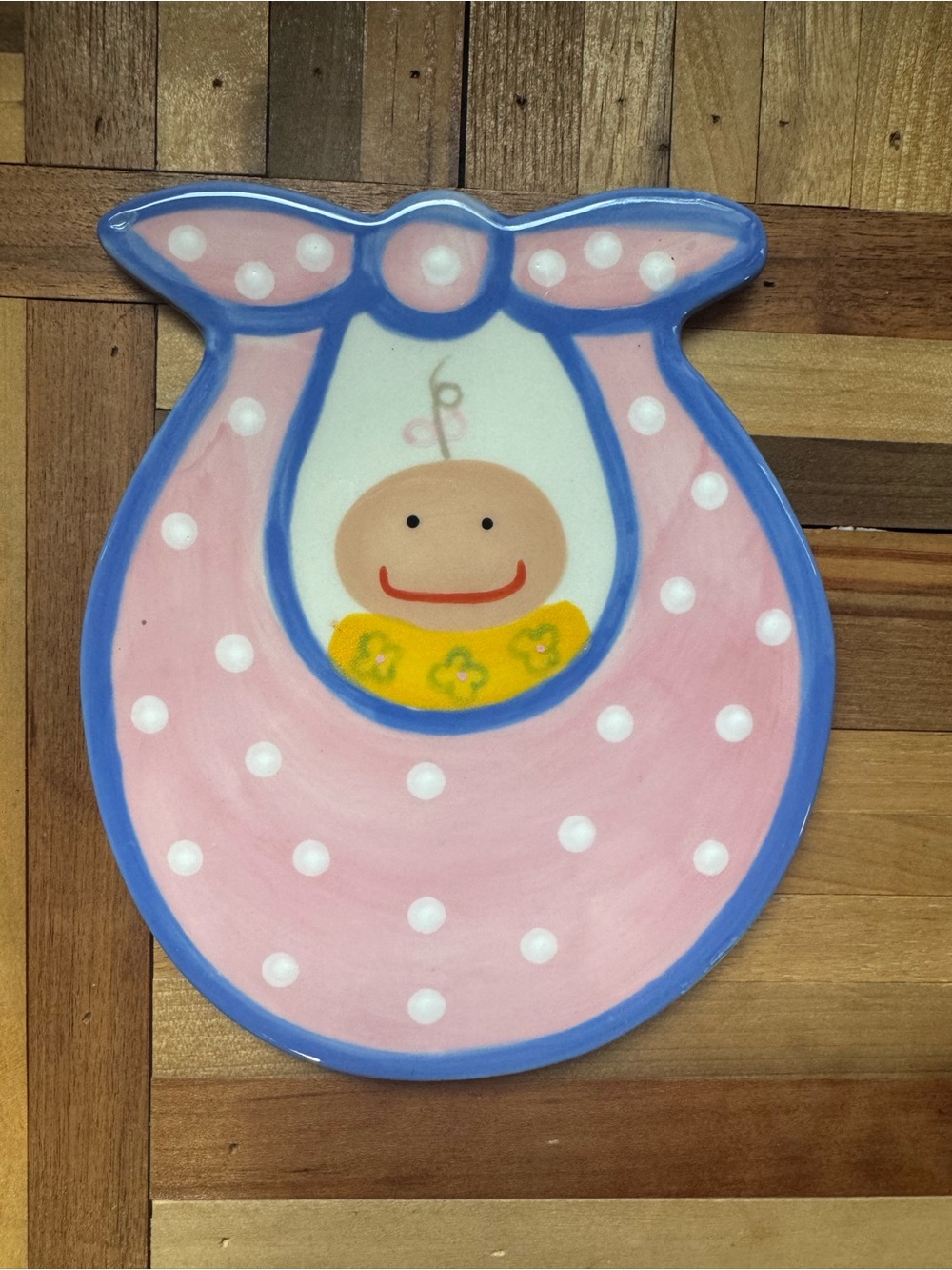 Express Pink Polka-Dot Baby Bib Decorative Plate with Blue Trim